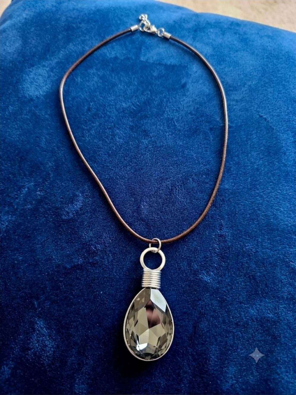Faceted Teardrop Crystal Pendant on Black Leather Cord Necklace